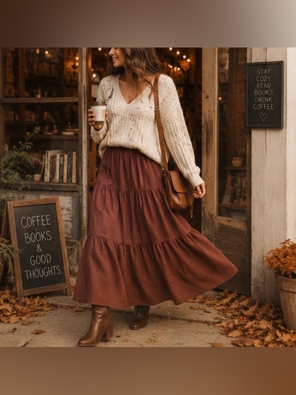 Tiered Maxi Skirt Boho Cottagecore Fall Rust Flowy Elastic Waist Prairie Skirt S